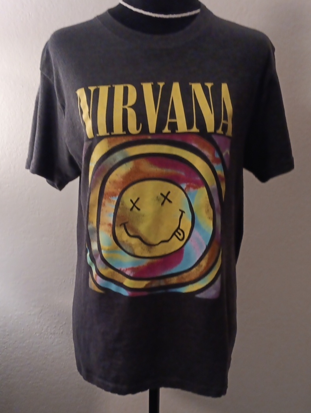 NIRVANA Dark Gray Tee with Yellow Smiley and Multicolor Ring